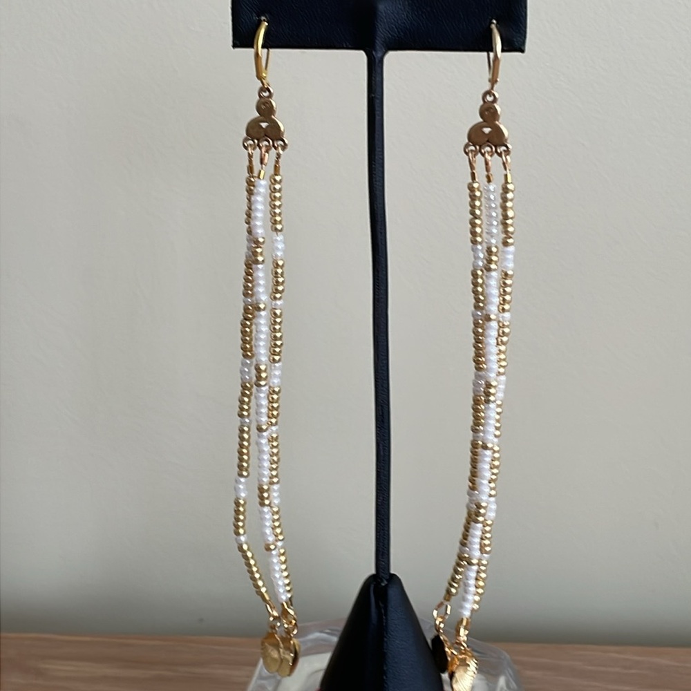 HAND CRAFTED SHOULDER DUSTER EARRINGS Statement Gold Pearl White 6” - Picture 6 of 10